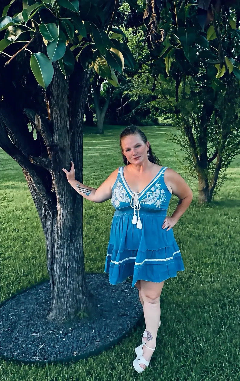Vintage Denim Embroidered Smocked Ruffle Boho Dress |
