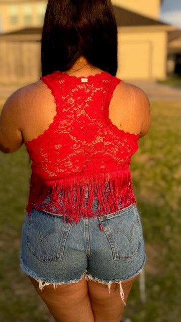 Red Lace Fringe Hem Crop Top
