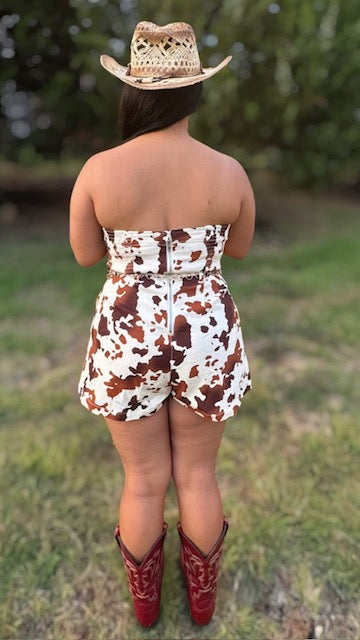 COW PRINT TUBE SLEEVELESS DENIM ROMPER